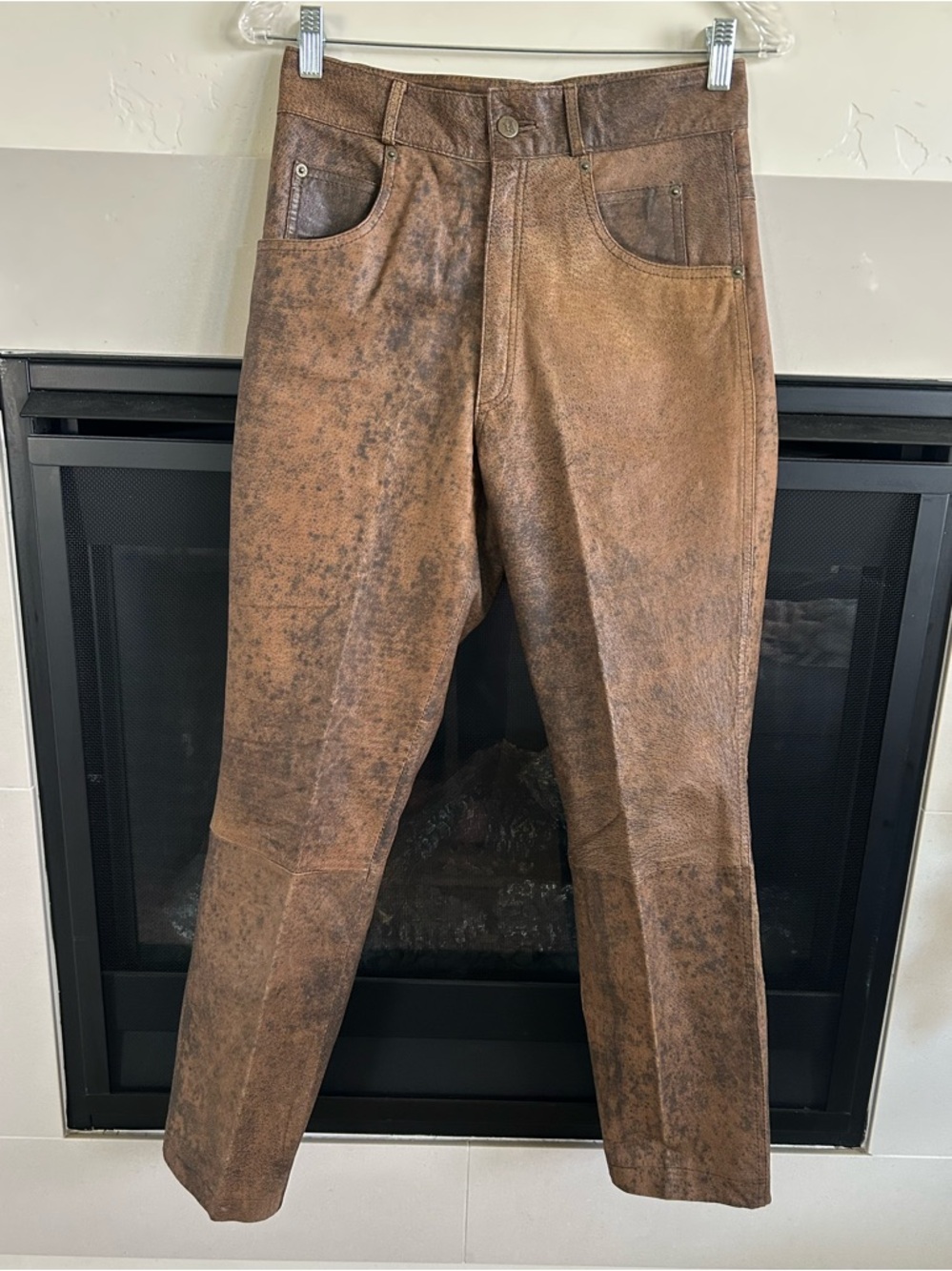 ▶️ Vintage Leather Pants Brown Distressed Patina High Waist Straight 28x28